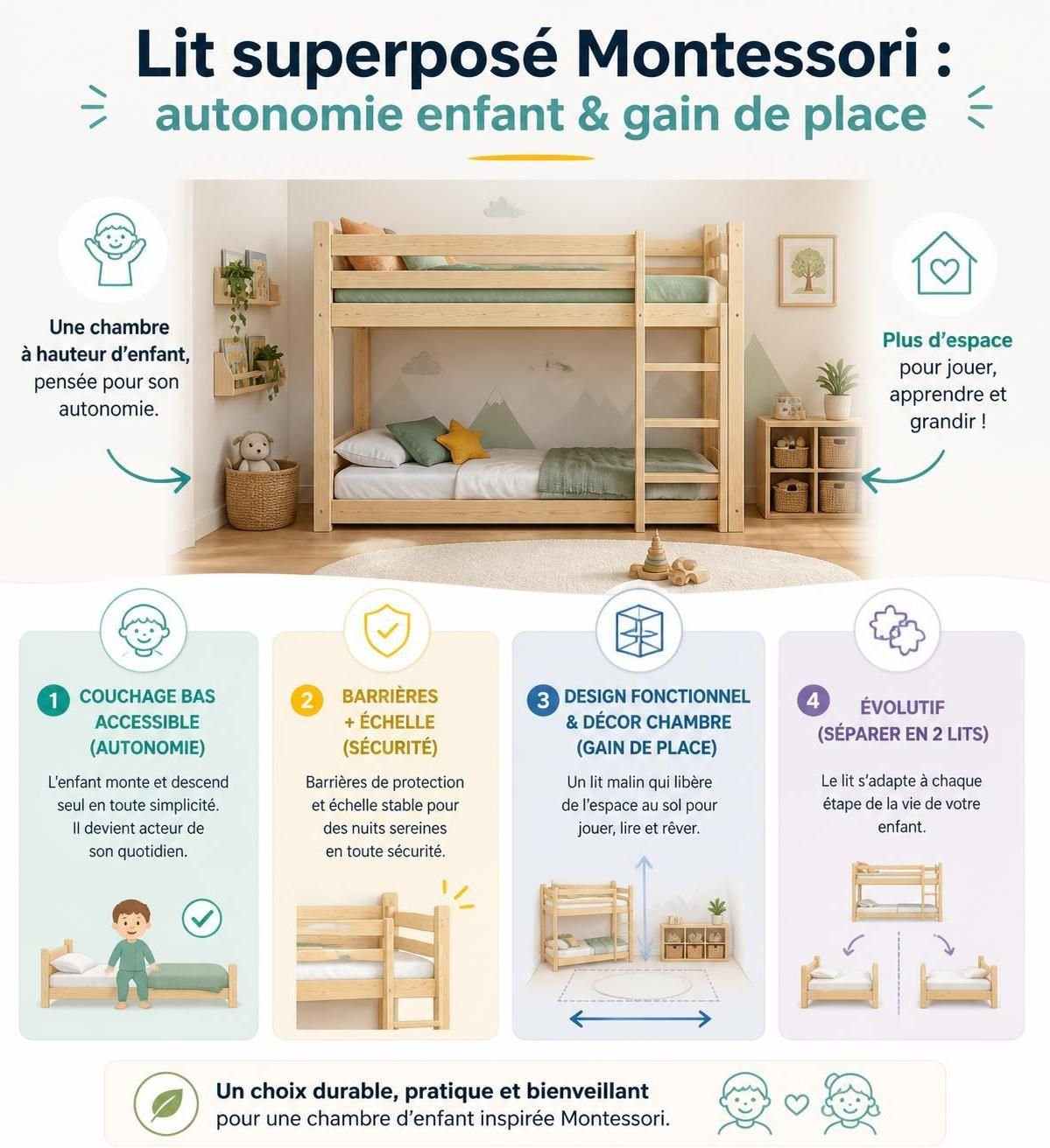 découvrez notre lit superposé montessori, conçu pour optimiser l'espace de la chambre tout en encourageant l'autonomie et le développement de votre enfant.